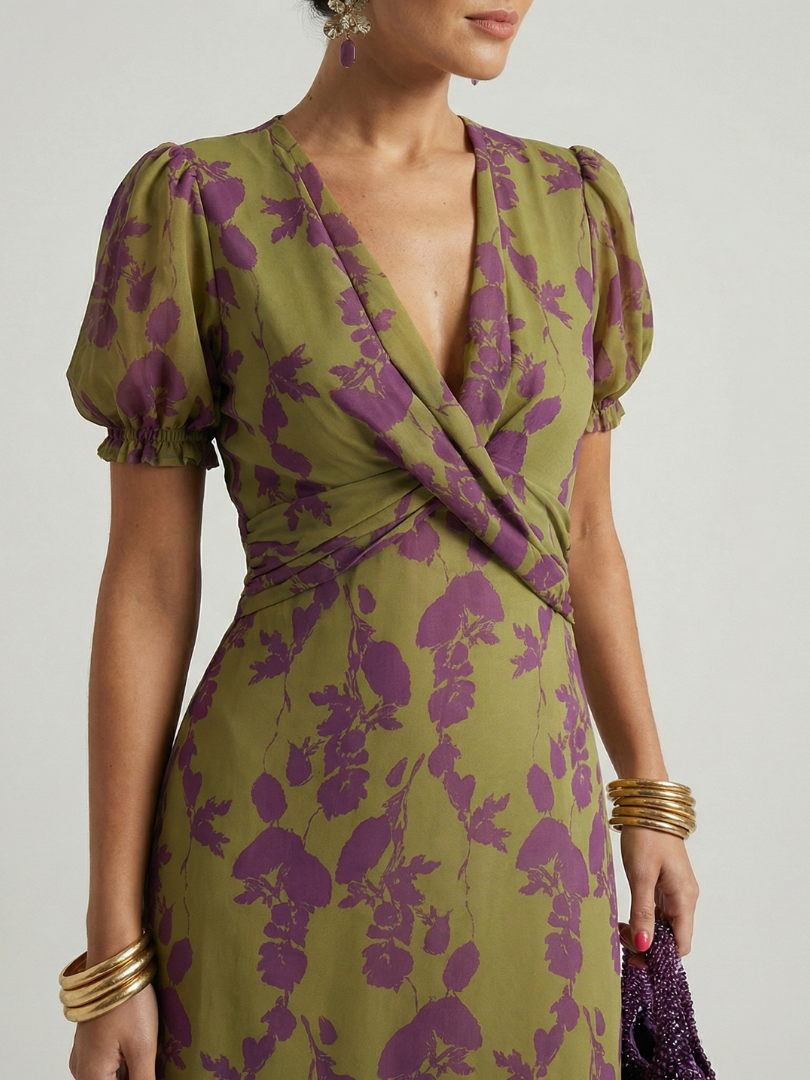Women's Silk Short Puff Sleeve V Neck A Line Wrap Midi Dress