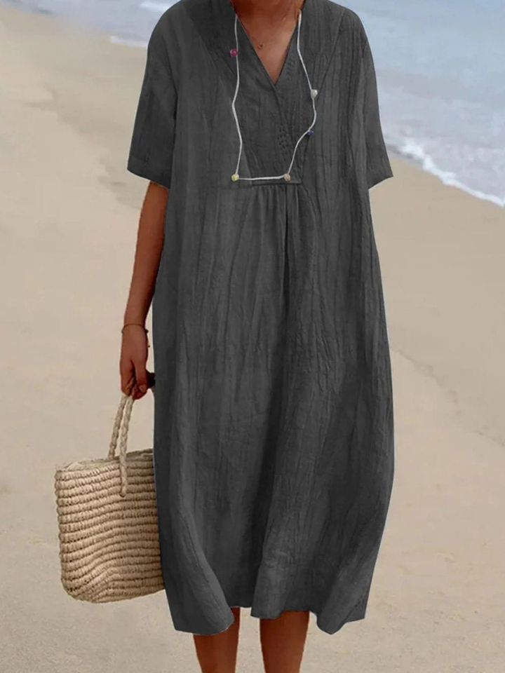 Women's V-Neck Linen Maxi Dress Loose Fit Kaftan Short Sleeve Tunic