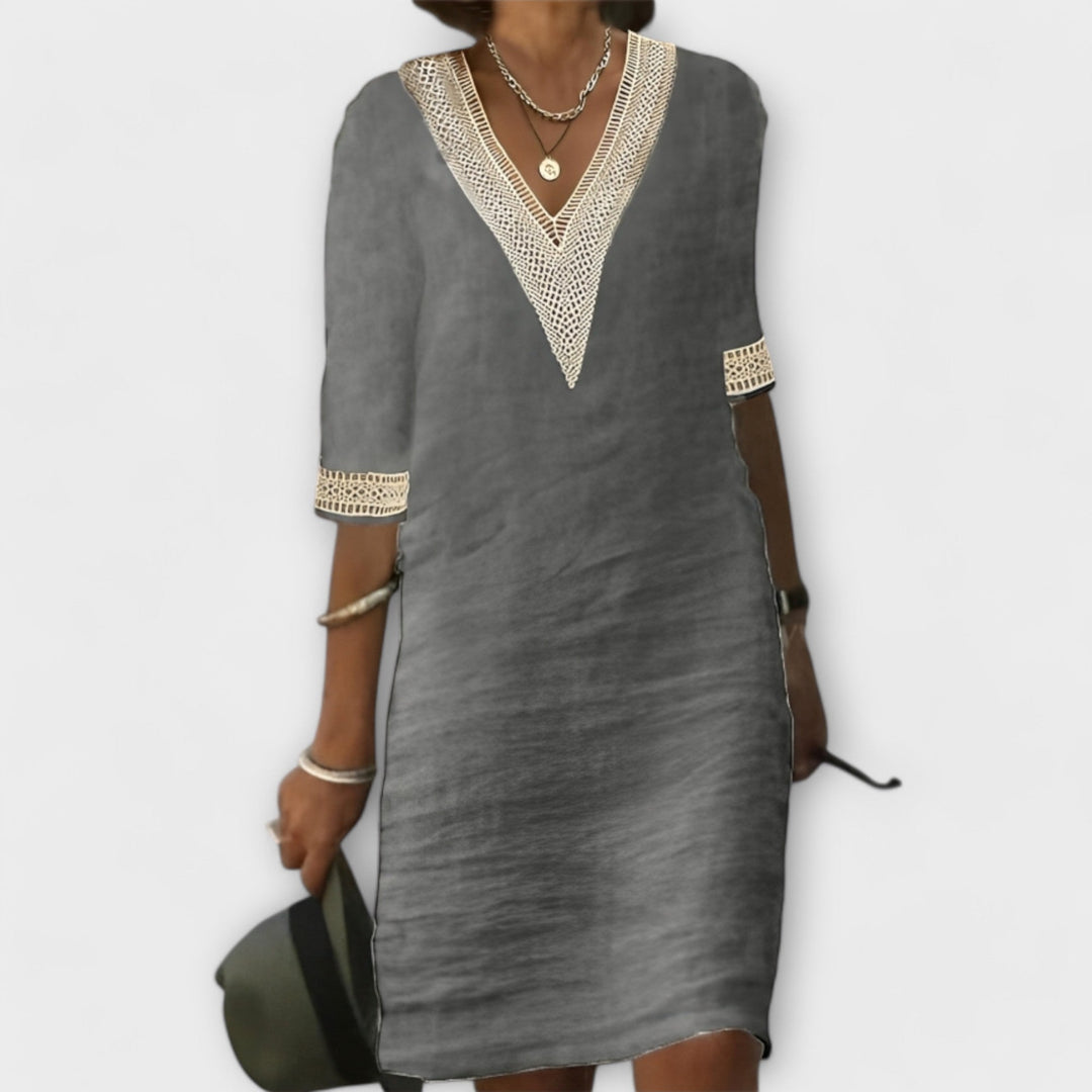 Women Linen V-Neck Crochet Trim 3/4 Sleeve Shift Dress