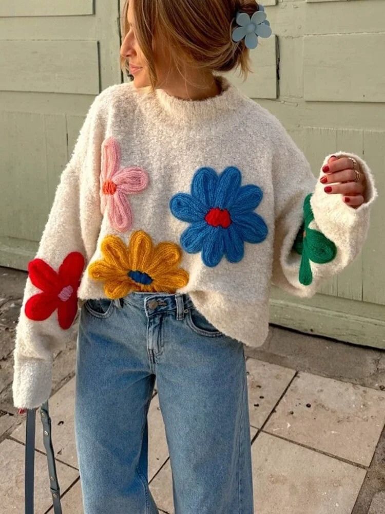 Women’s Floral Knit Crewneck Pullover Sweater