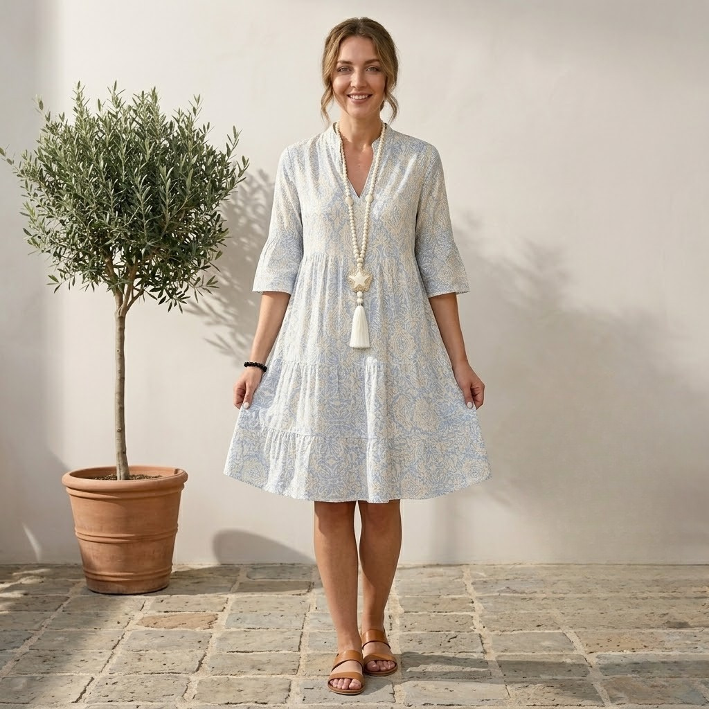 Women's Linen Blend V Neck 3/4 Bell Sleeve Boho Print Shift Dress