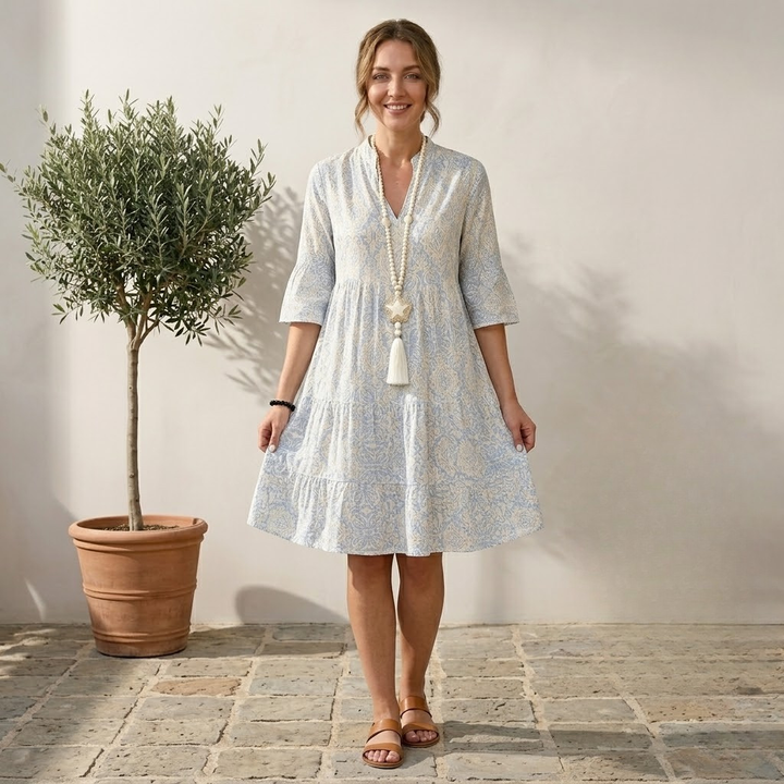 Women's Linen Blend V Neck 3/4 Bell Sleeve Boho Print Shift Dress