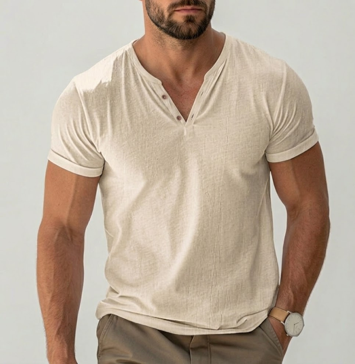 Men's Linen Henley V-Neck Short Sleeve Casual T-Shirt