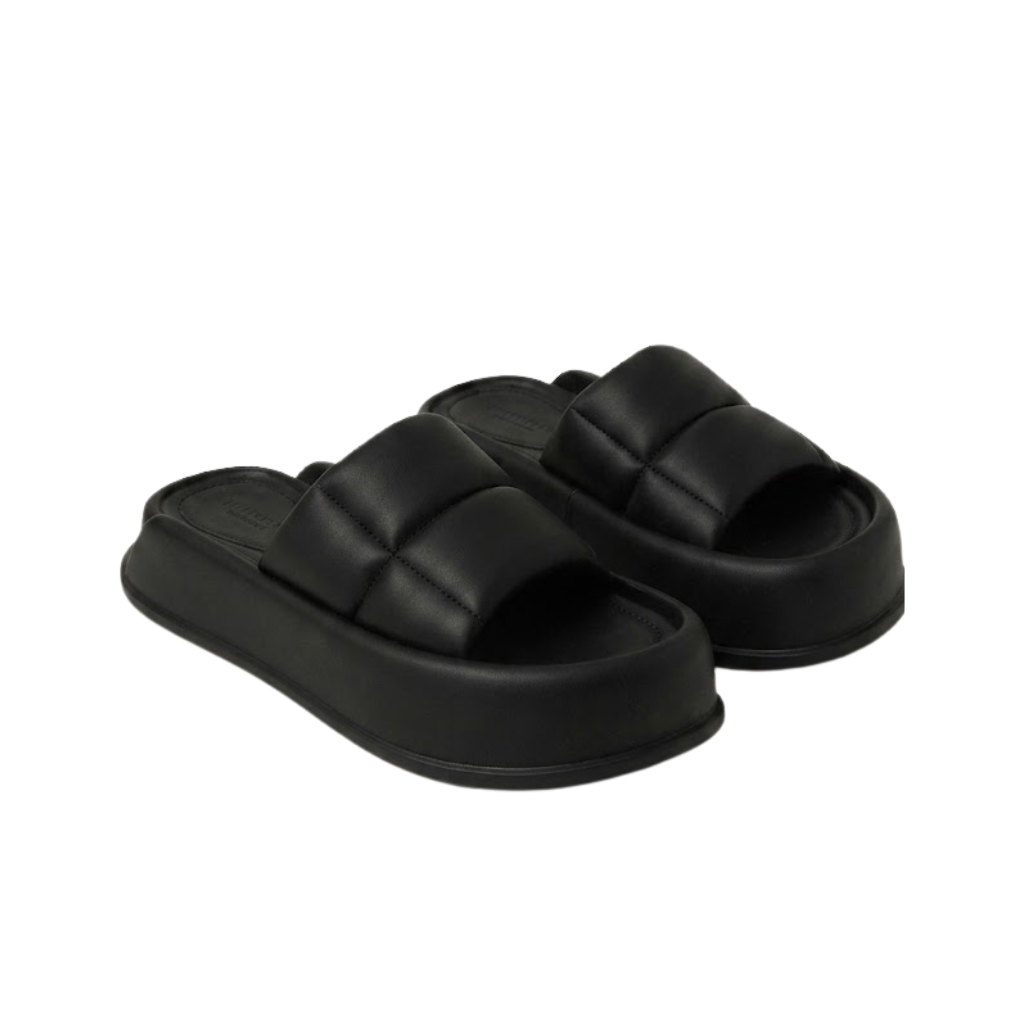 Women's Leather Platform Slides Foam Padded Flat Sandals