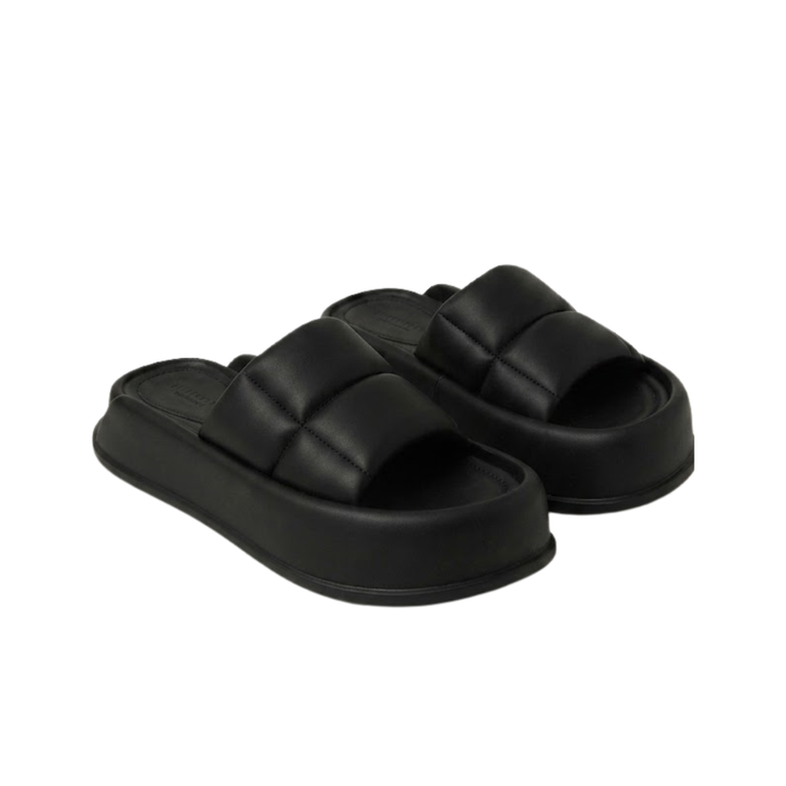 Women's Leather Platform Slides Foam Padded Flat Sandals