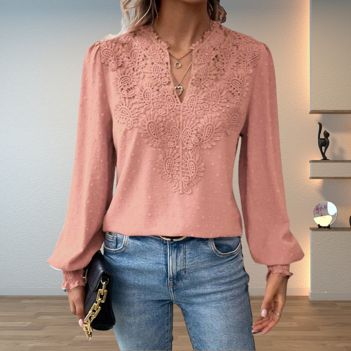Women's Lace V-Neck Long Sleeve Chiffon Top