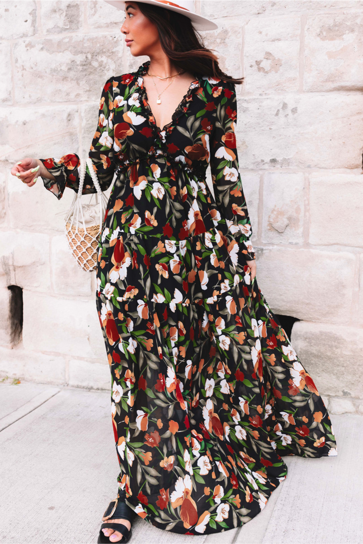 Women's Chiffon Floral V Neck Long Sleeve Maxi Dress
