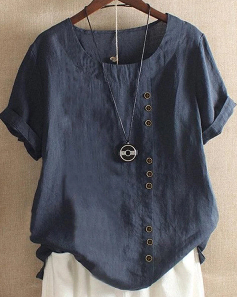 Women's Short Sleeve Linen Asymmetric Top Loose Fit Tunic Blouse