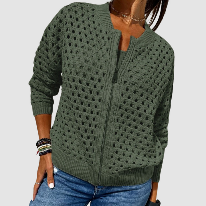 Women's Viscose Blend Open-Knit Zip-Up Cardigan