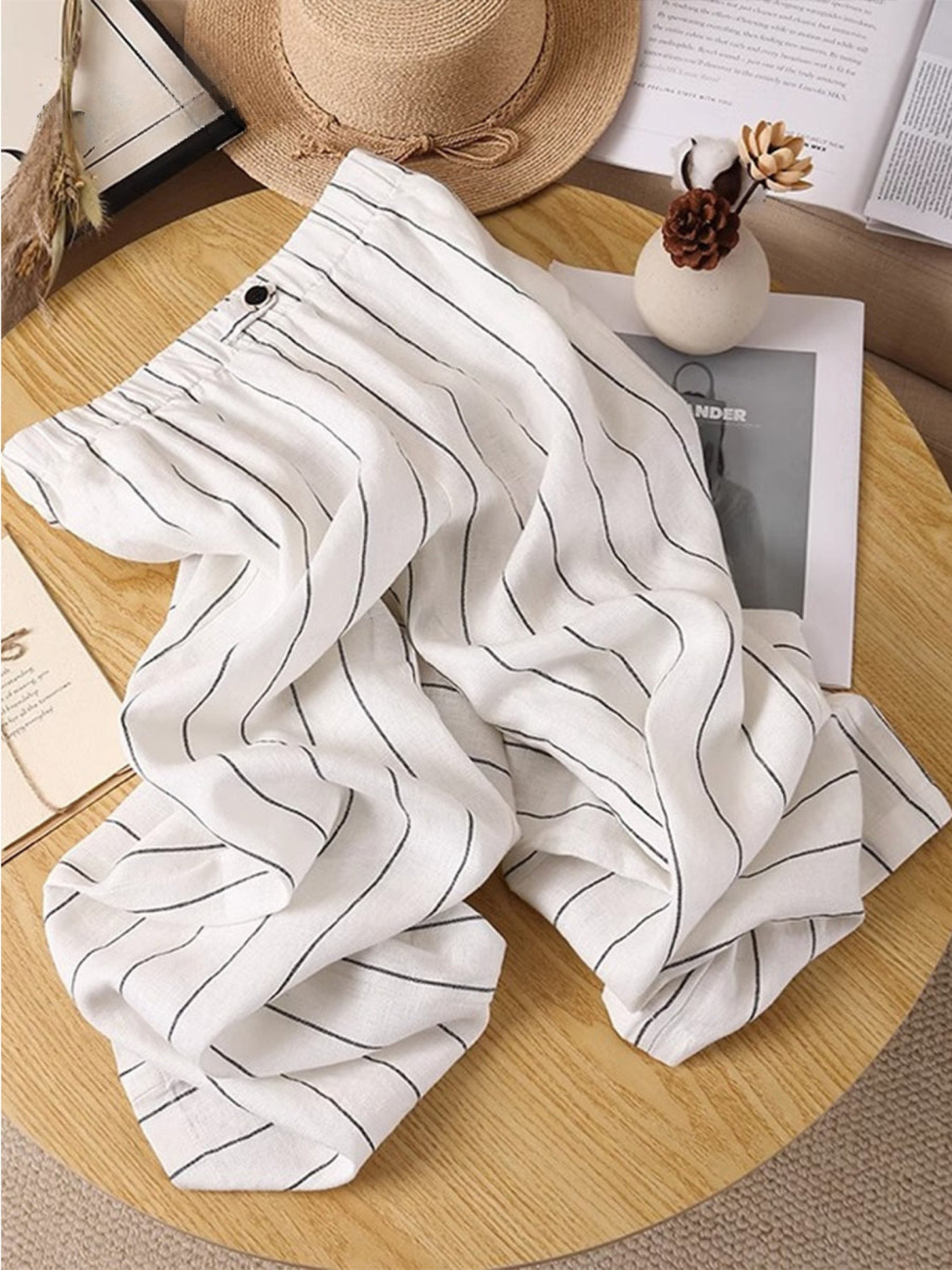 Linen Wide Leg Striped Trousers Women High Waisted Palazzo Pants