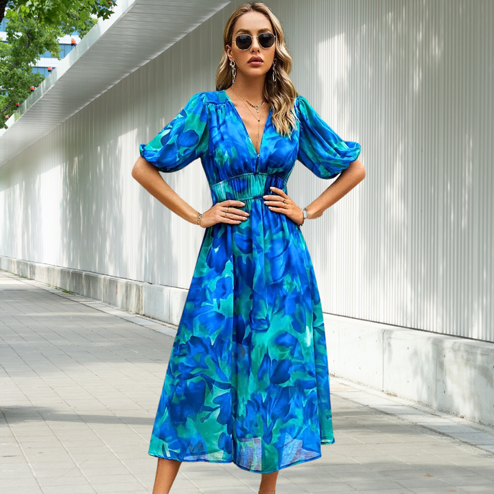 Women's Linen Geometric Print V-Neck Midi Dress