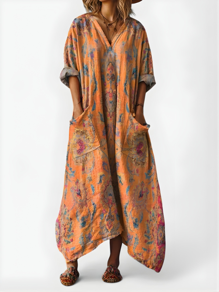 Women’s Linen Kaftan Boho Maxi Dress Floral Embroidered V Neck Relaxed Tunic