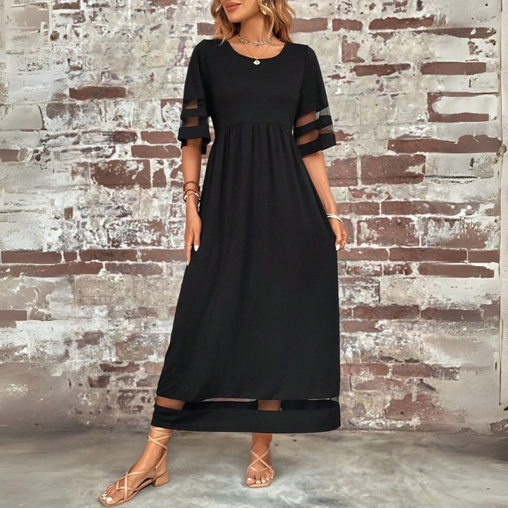 Women's Linen Maxi Dress High Waist Short Sleeve Casual Dress