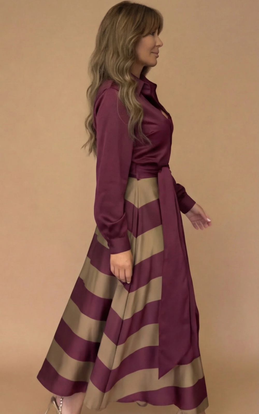 Women's Silk Striped Long Sleeve Maxi Dress