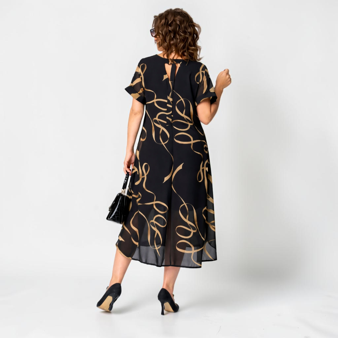 Women's Printed Chiffon Casual Short Sleeve V-Neck Midi Dress 