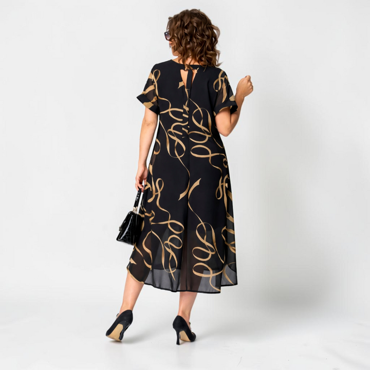 Women's Printed Chiffon Casual Short Sleeve V-Neck Midi Dress 