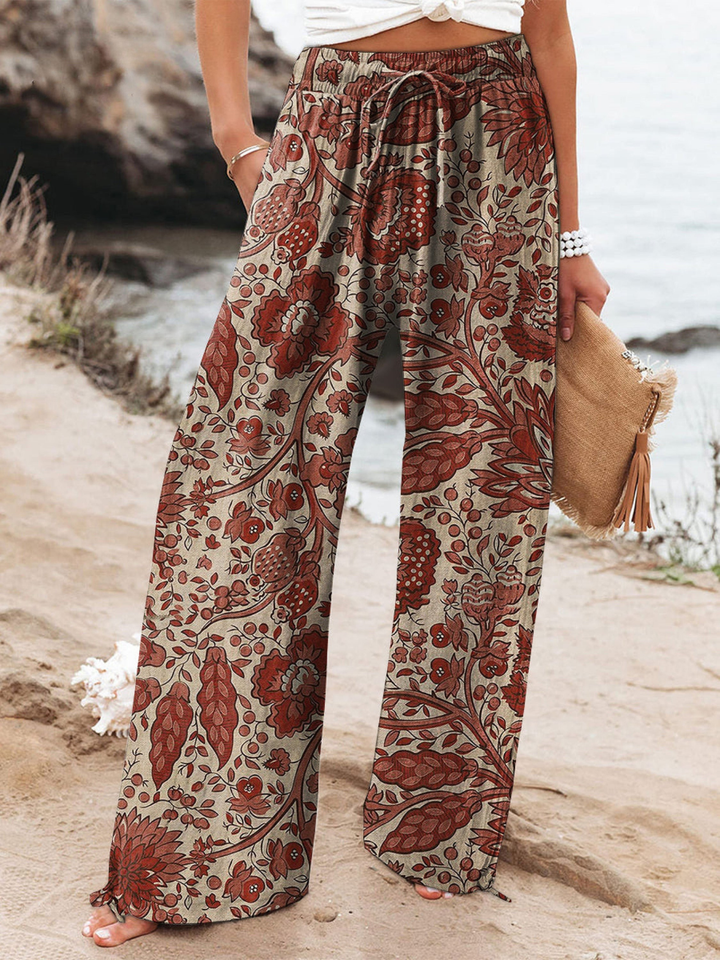 Women's Linen Wide Leg Trousers Floral Print High Waisted Palazzo Pants