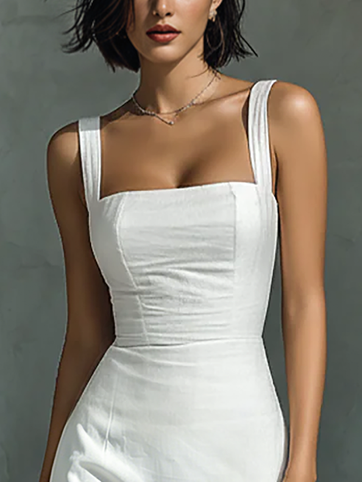 Women's Linen Blend Square Neck Sleeveless Bodycon Midi Dress