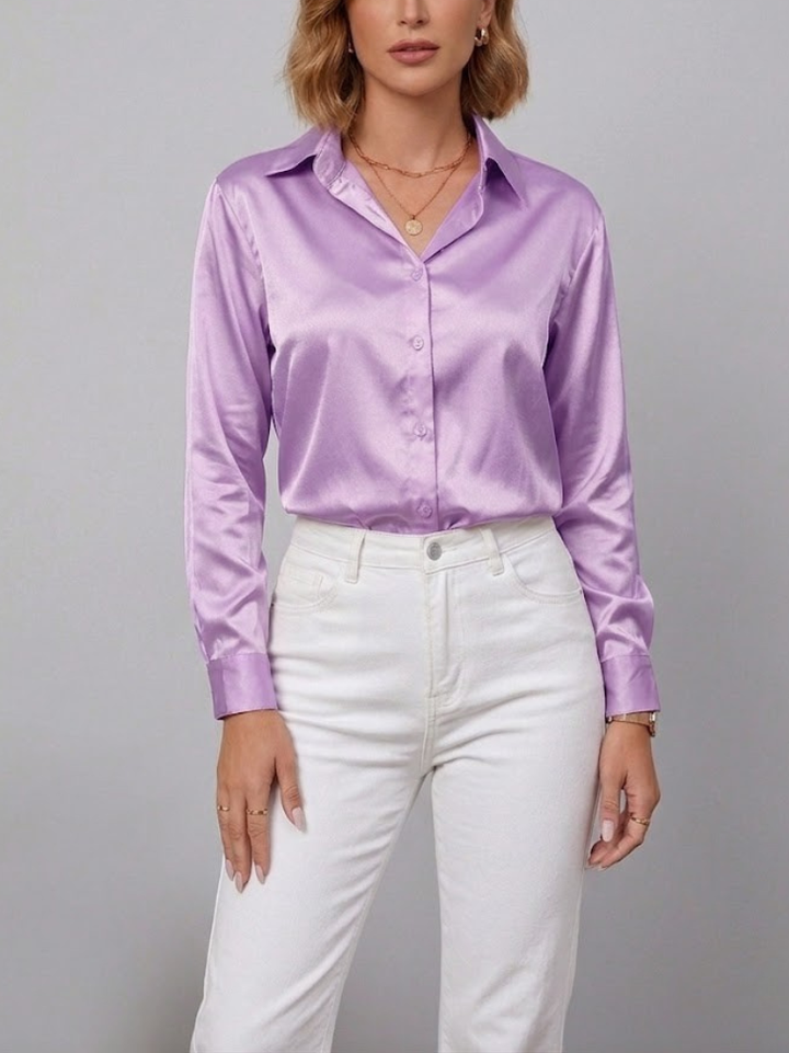 Women's Satin Long Sleeve Button Down Shirt Office Blouse