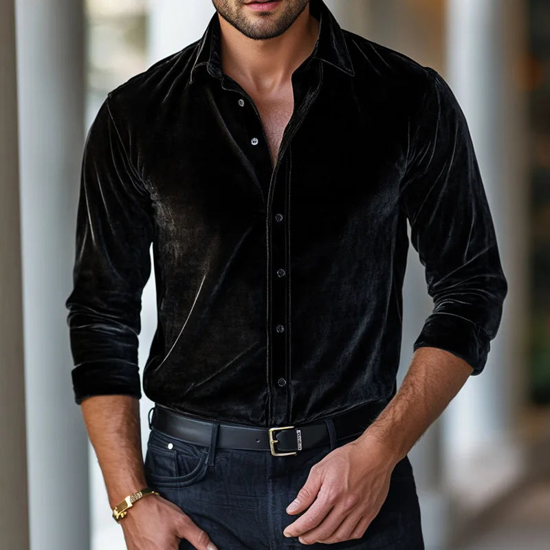 Men's Tailored Long-Sleeve Velvet Button-Up Dress Shirt