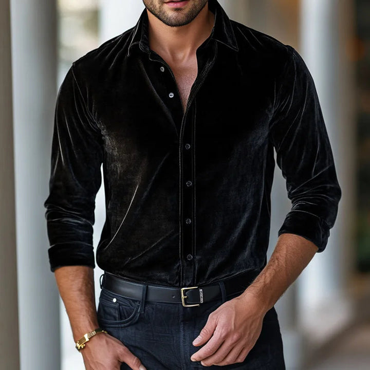 Men's Tailored Long-Sleeve Velvet Button-Up Dress Shirt