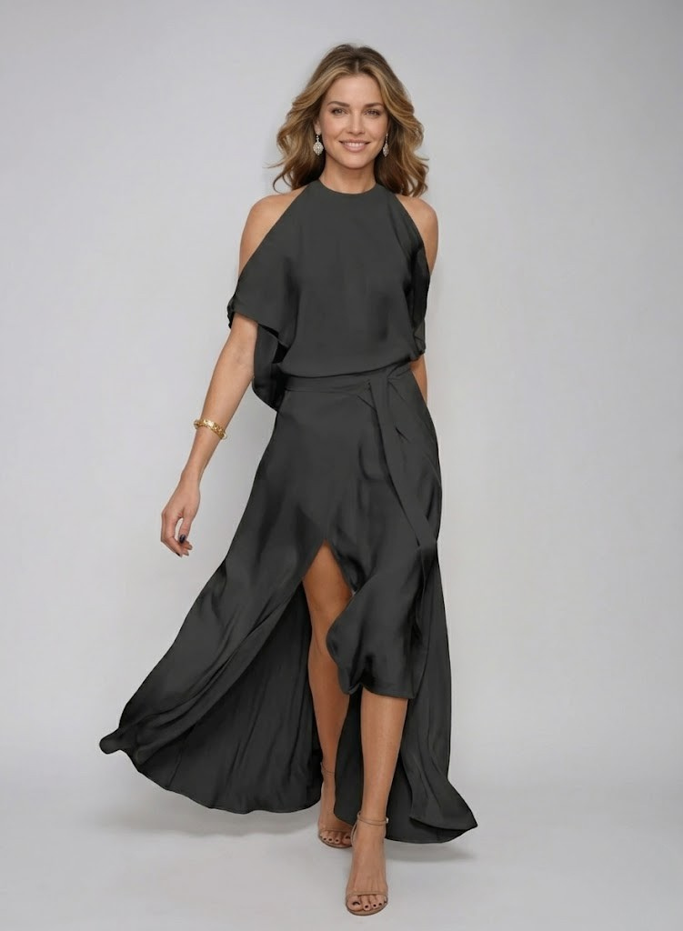 Women's Bare Shoulder Draped Waist Wool Midi Dress