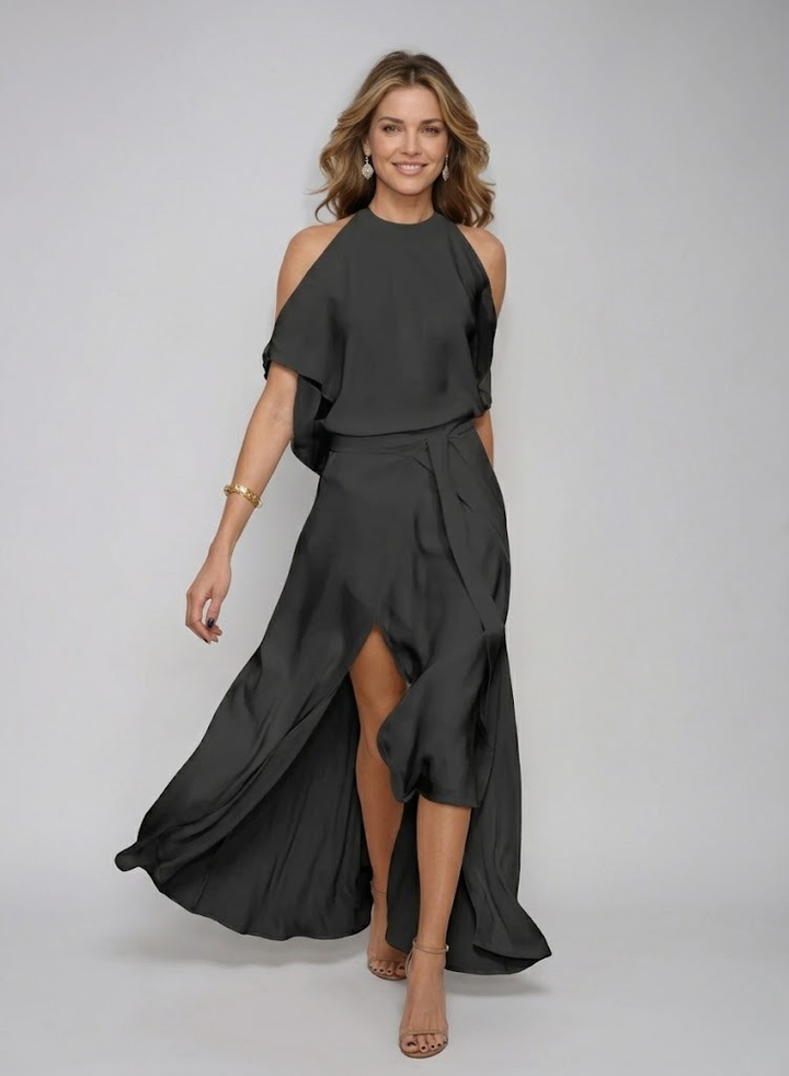 Women's Bare Shoulder Draped Waist Wool Midi Dress