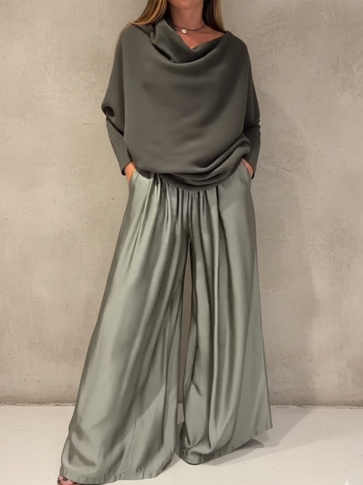 Women's Silk Satin Lounge Set Two Piece Wide Leg Trousers Off Shoulder Top