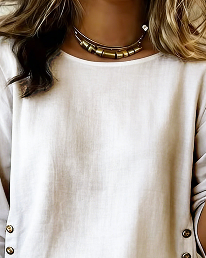 Women's Linen Round Neck Long Sleeve Blouse Top