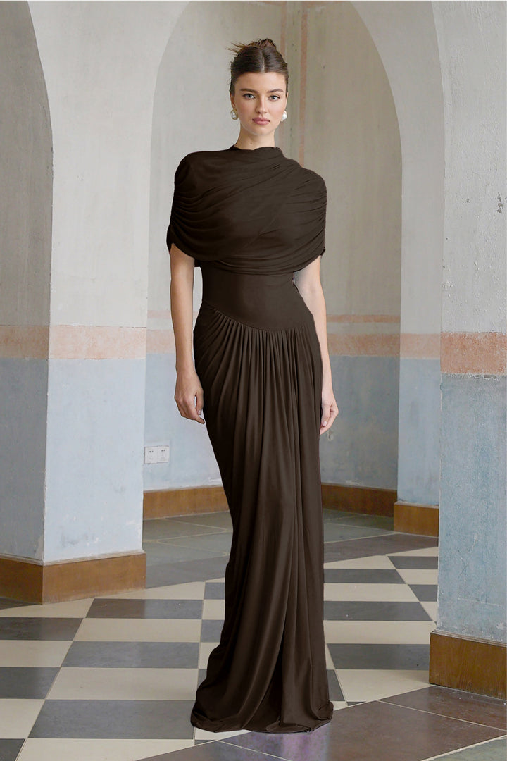 Women’s Satin Draped Mock-Neck Asymmetric Ruched Maxi Dress