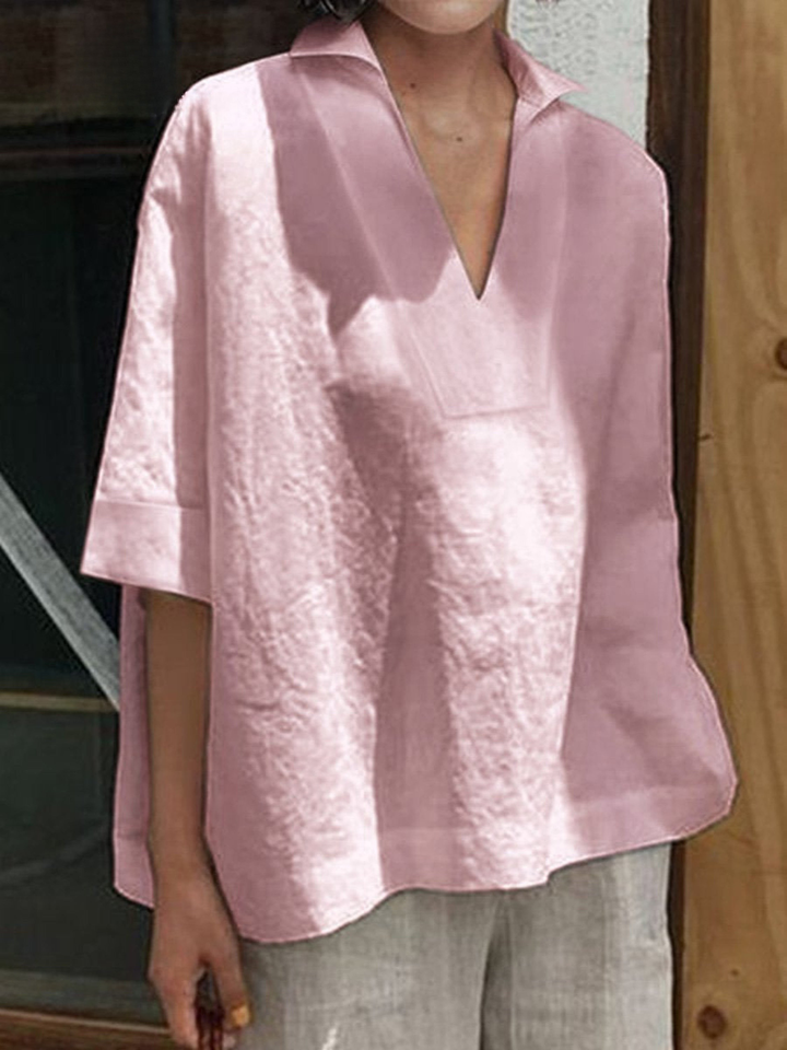 Women's Linen Blouse V-Neck Loose Fit Tunic Top