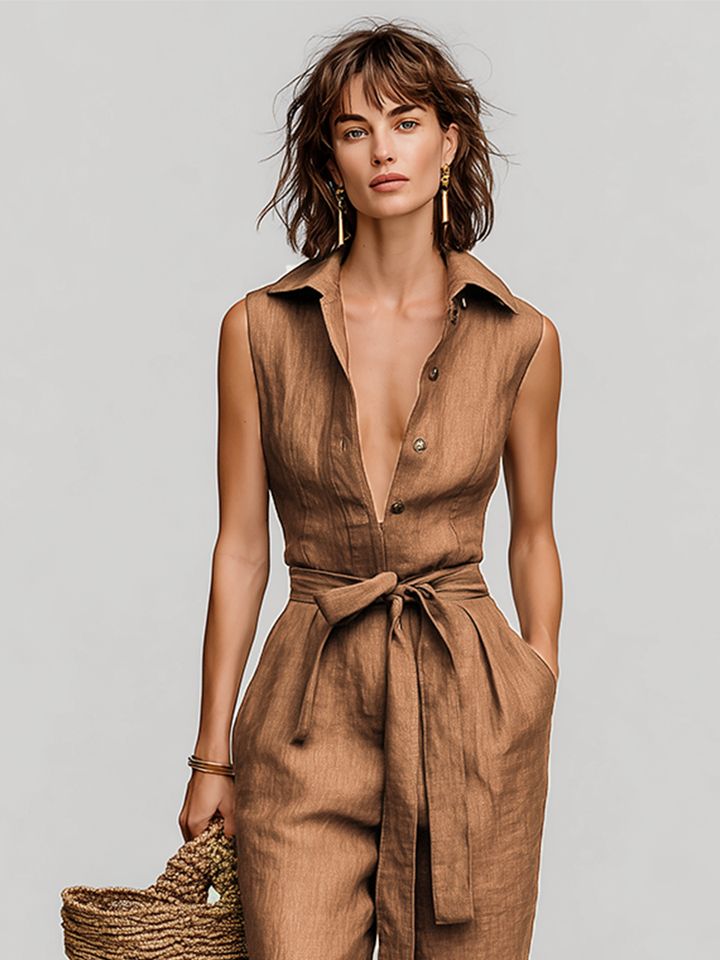 Women's Linen Belted Wide Leg Jumpsuit