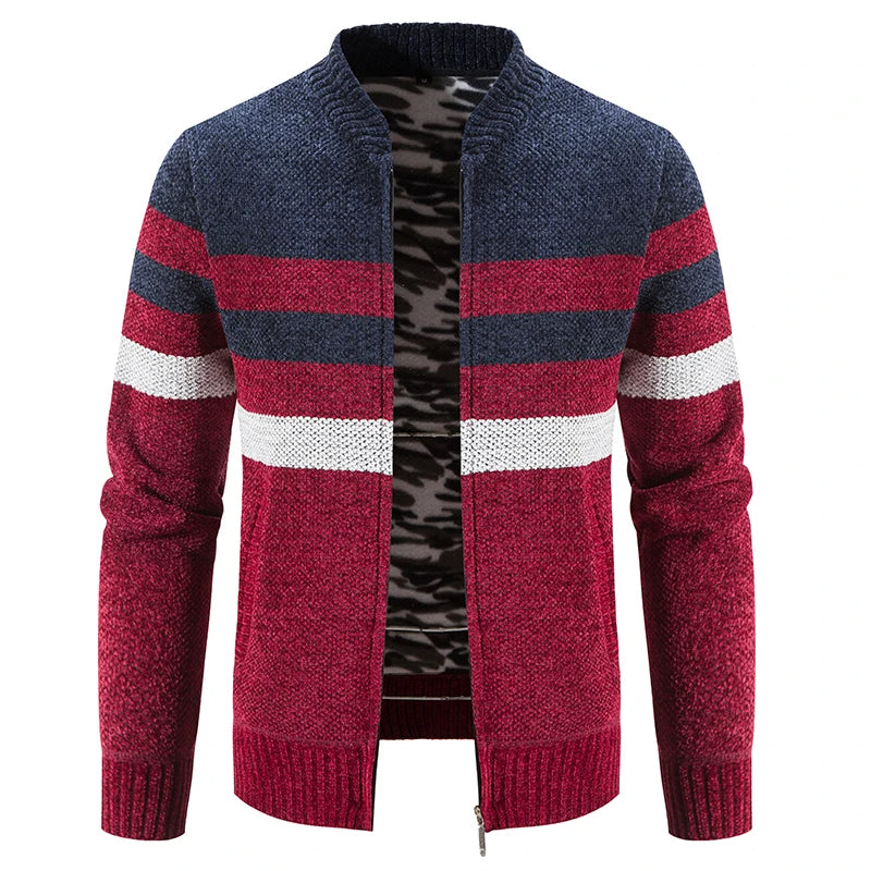 Men's Merino Wool Knit Cardigan Striped Zipper Sweater