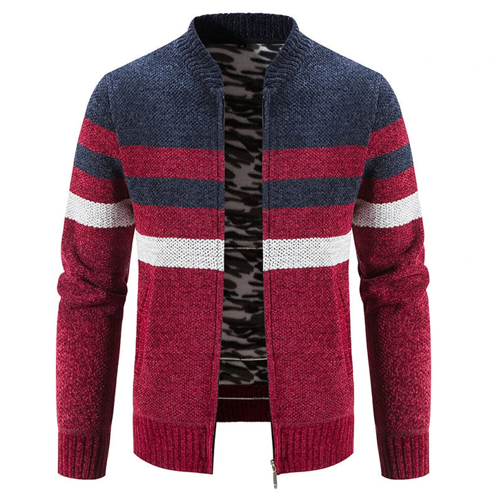 Men's Merino Wool Knit Cardigan Striped Zipper Sweater