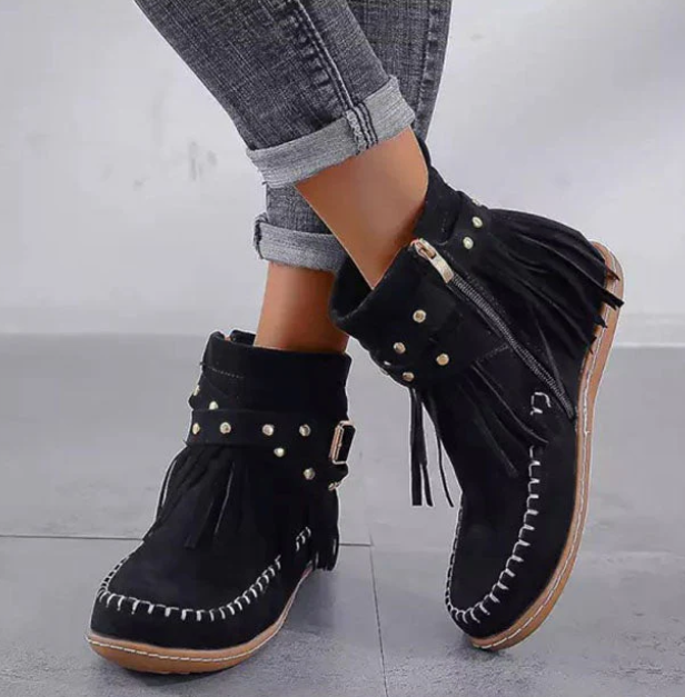 Women's Suede Fringe Ankle Boots Flat Moccasin Booties