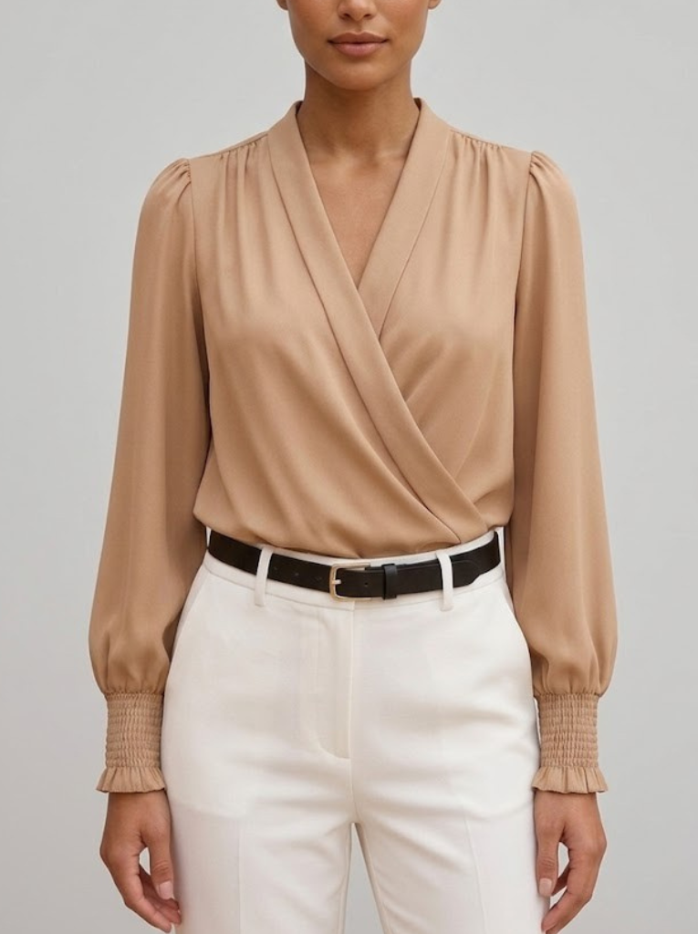 Women's Silk Satin Wrap Front Blouse Long Sleeve V Neck Shirt