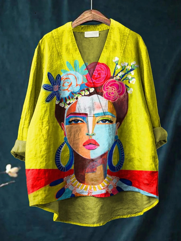 Women's Oil Painting Portrait Print Linen Shirt