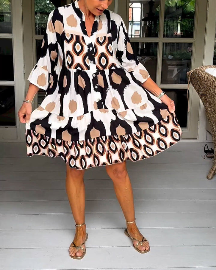 Women's Abstract Print V Neck Tiered Linen Shift Dress
