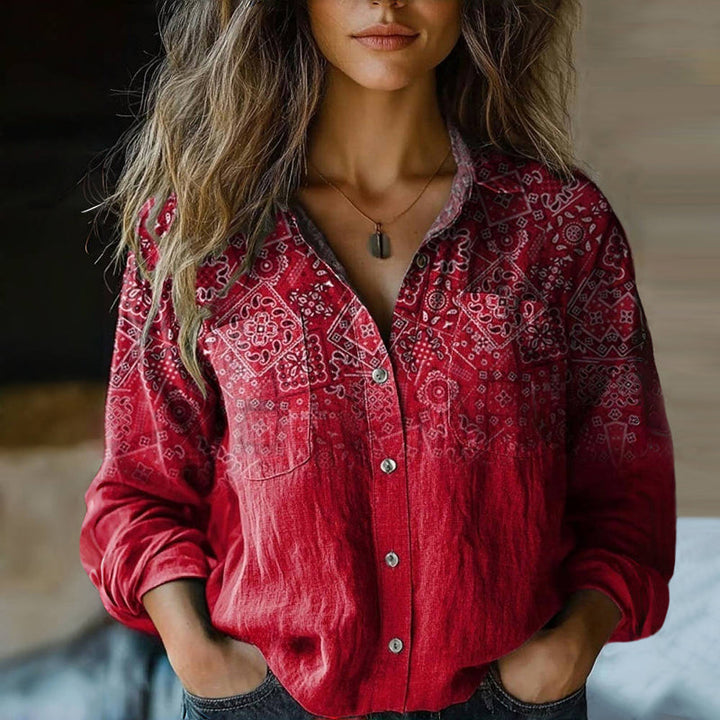 Women's Blouse Cotton Vintage Print Summer Long Sleeve Shirt