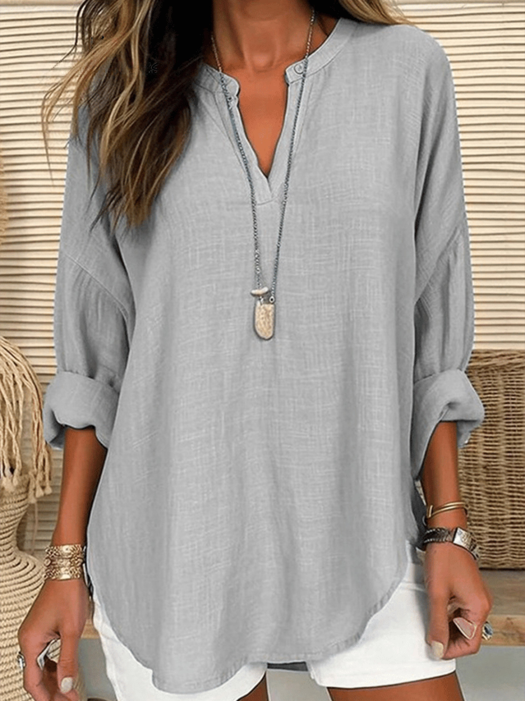 Linen V-Neck Women's Long Sleeve Tunic Blouse Tops