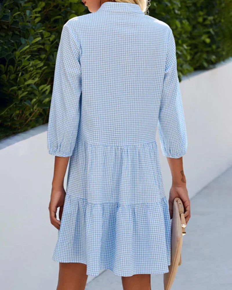Women’s Linen-Blend Plaid Tiered Mini Shirt Dress
