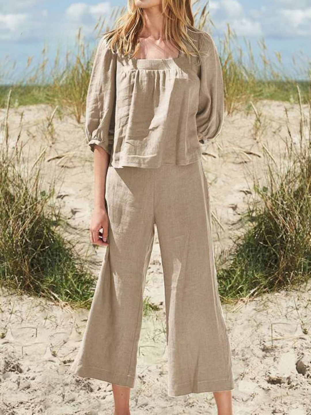 Women's Linen Two Piece Set Wide Leg Trousers and Puff Sleeve Top