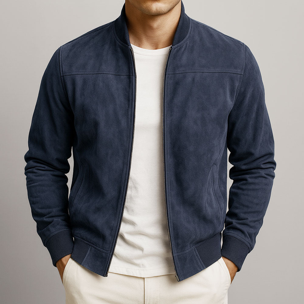 Men’s Suede Stand-Collar Full-Zip Bomber Jacket