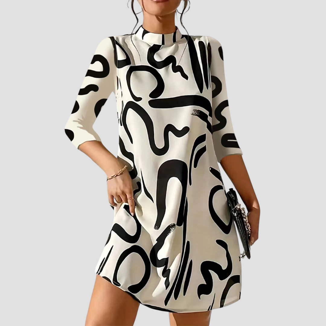 Women's Satin Dress Mock Neck Abstract Print 3/4 Sleeve Shift