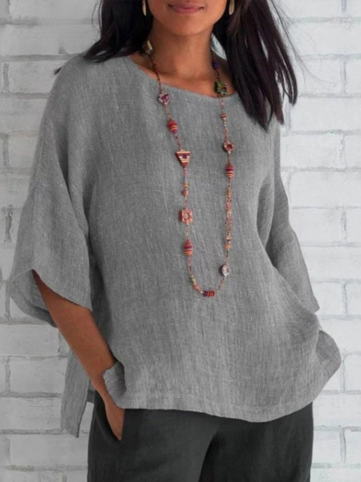 Women's Linen Knit Boat Neck Batwing Sleeve Loose Fit Tunic Top
