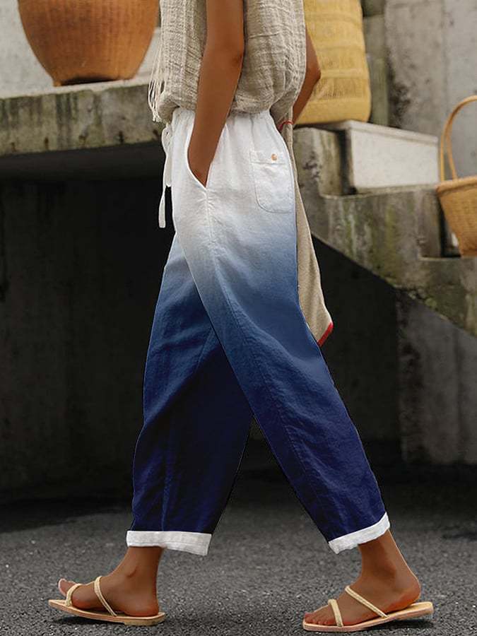 Women's Straight Leg Linen Look Trousers with Elastic Waistband