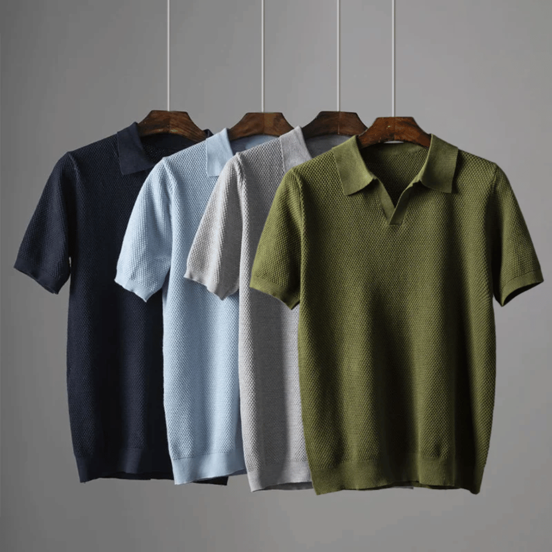 Men's Knit Polo Shirt Merino Wool Short Sleeve Pullover Top