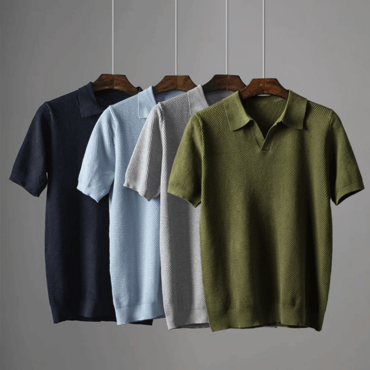 Men's Knit Polo Shirt Merino Wool Short Sleeve Pullover Top