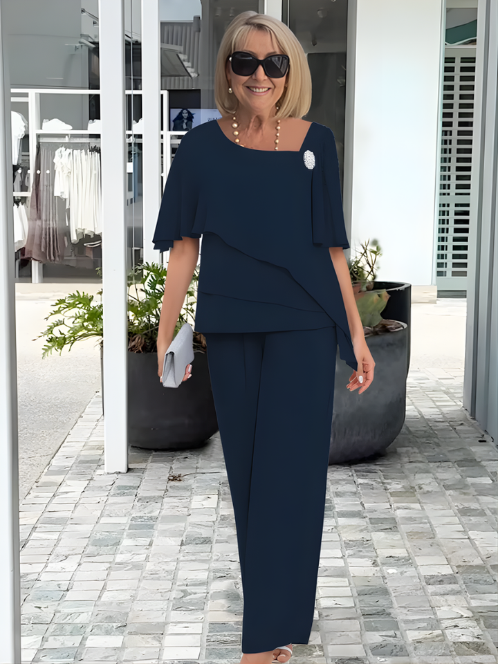 Elegantní dámský kalhotový kostým ze šifonu, dvoudílný outfit pro svatební hosty