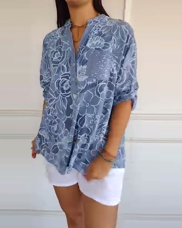 Γυναικεία λινή floral μπλούζα με πατιλέτα με κουμπιά και τσέπη με παγιέτες